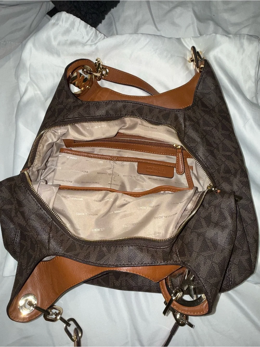 Michael Kors Brown Monogram Shoulder Tote with Tan Handles and Gold Hardware